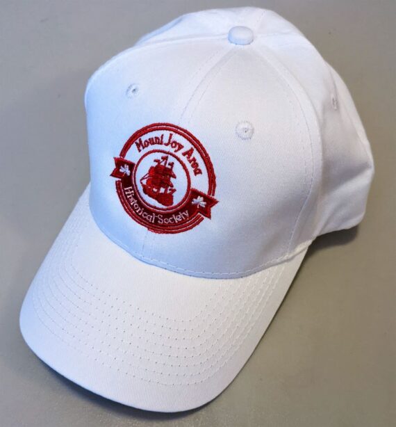 white ball cap with red embroidered logo
